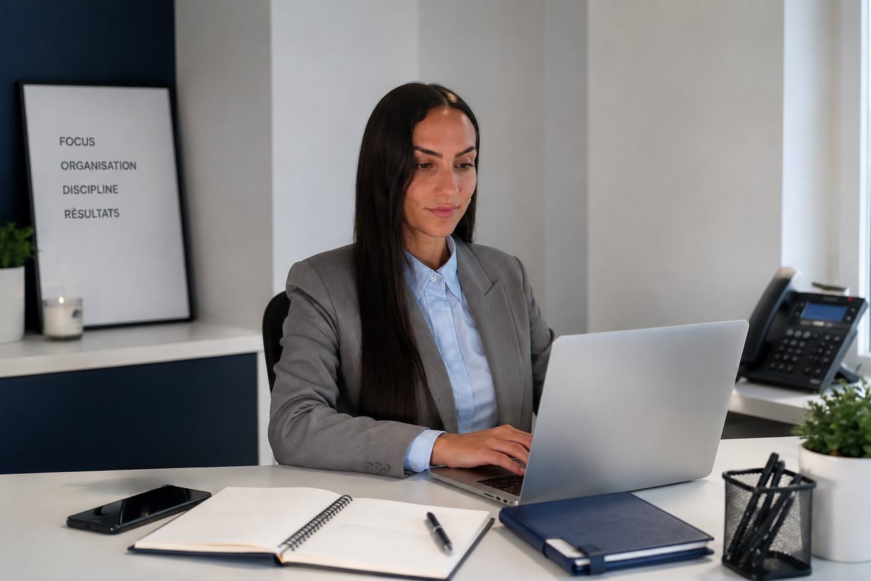 Dalila Penon, assistante à distance, travaillant à son bureau avec un ordinateur portable
